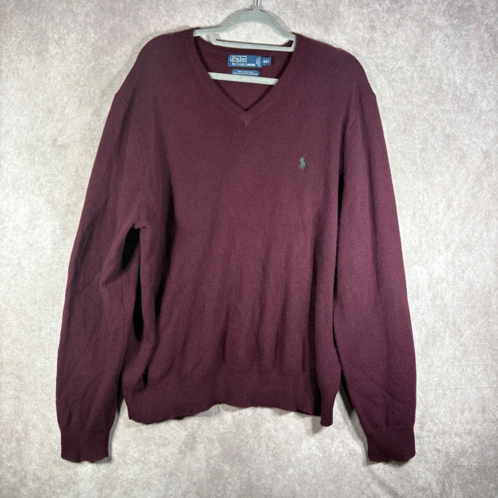 Polo Ralph Lauren Sweater Mens XXL Burgundy V-Neck 100% Lambswool Classic